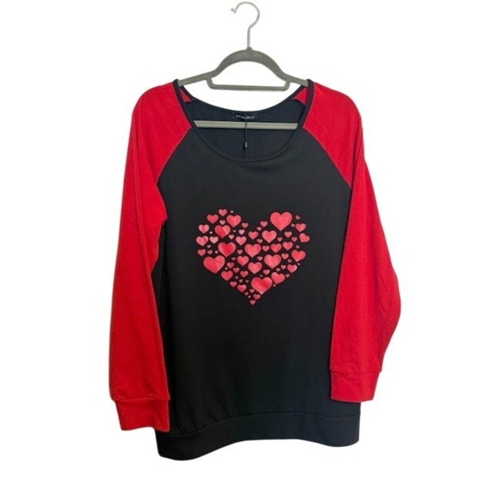 NWT-JustFashionNow Women's Heart Graphic Raglan Long Sleeve Top Black Red Size L - Picture 3 of 6